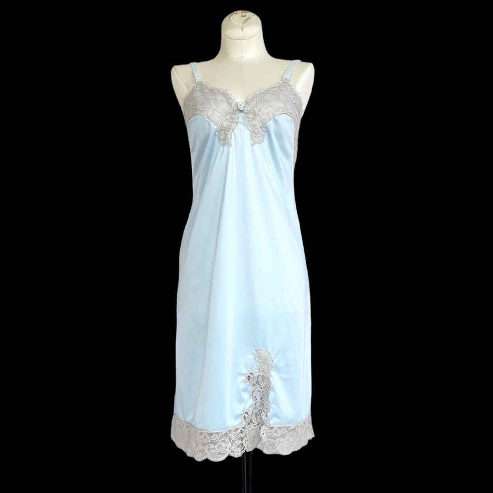 Vintage 1960s Pale‎ Blue Slip Dress XS Lace Chiffon Lingerie Romantic Nightgown